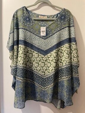 Poncho Cover Up Top, XL, Cactus & Pearl, blue/green